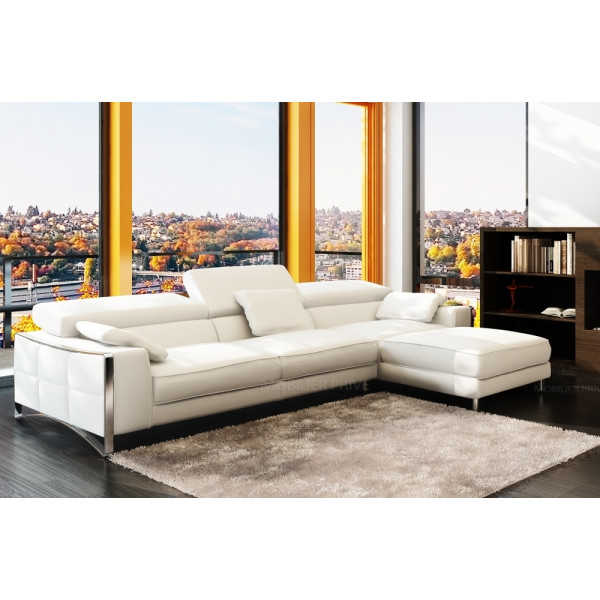 Canapé d'angle en cuir italien 5 places SUEDE, blanc.
