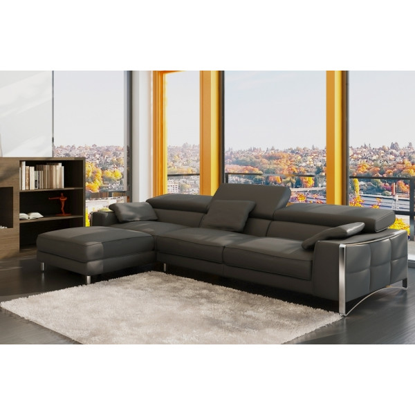 - Canapé d'angle en cuir italien 5 places SUEDE, gris foncé