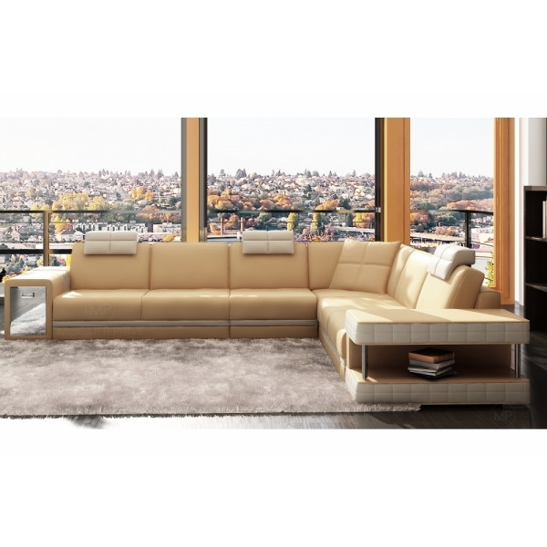 Canapé d'angle en cuir italien 6/7 places JOHN, beige/blanc