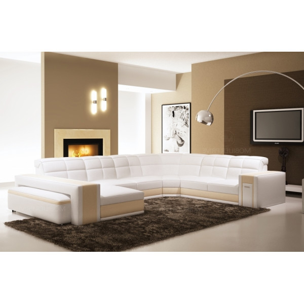 Canapé d'angle en cuir italien 7/8 places EVASION, blanc / beige.