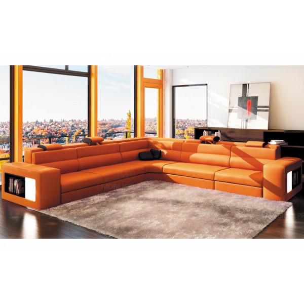 Canapé d'angle en cuir italien 6/7 places DIVINA, orange / noir