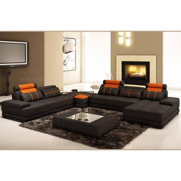 Canapé d'angle en cuir italien 7/8 places NORWAY, noir / orange.