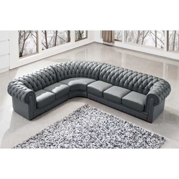 Canapé d'angle en cuir italien 7/8 places BELISI, gris foncé.