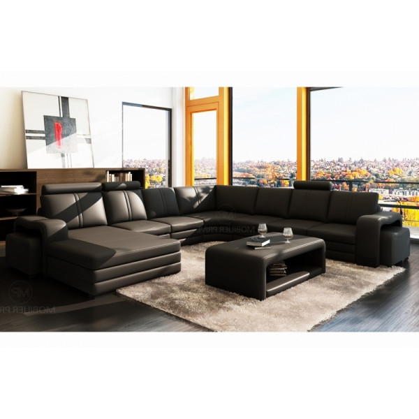 Canapé d'angle en cuir italien 8 places DIAMANT, noir