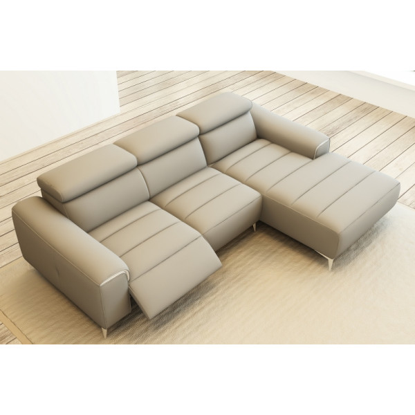 Canapé d'angle fonction relax en cuir italien 5 places SERENITY, gris clair