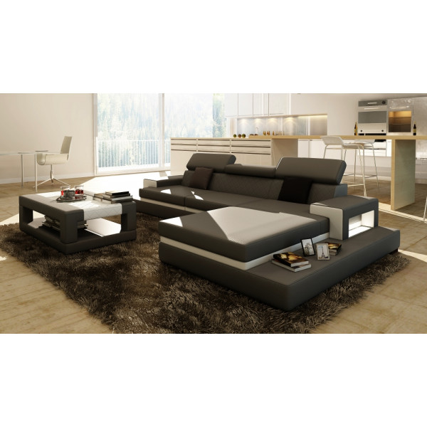 Canapé d'angle en cuir italien 5 places WAGRAM, gris foncé et blanc