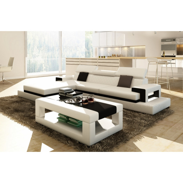 Canapé d'angle en cuir italien 5 places WAGRAM, blanc et noir