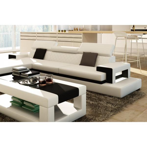 Canapé d'angle en cuir italien 5 places WAGRAM, blanc et noir