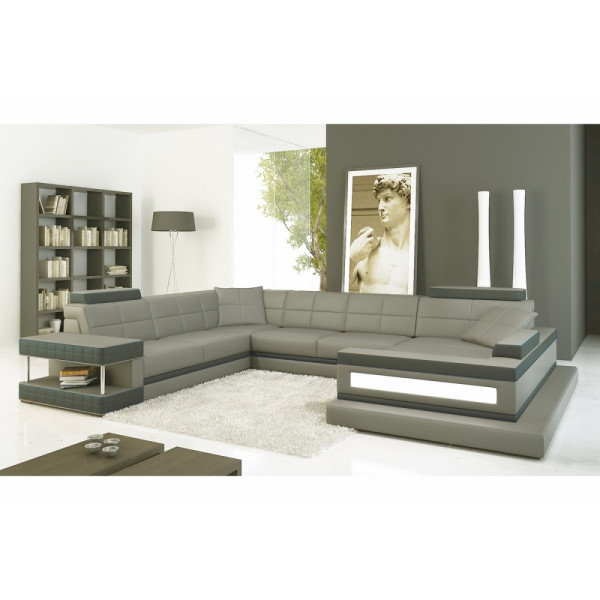 Canapé d'angle en cuir italien 8 places MAJESTIC, gris clair