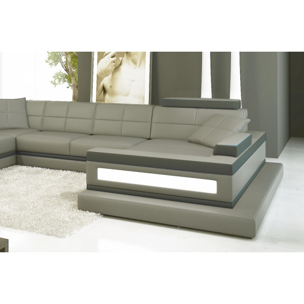 Canapé d'angle en cuir italien 8 places MAJESTIC, gris clair