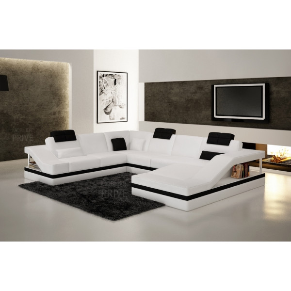 Canapé d'angle en cuir italien 8 places PERFECT, blanc et noir