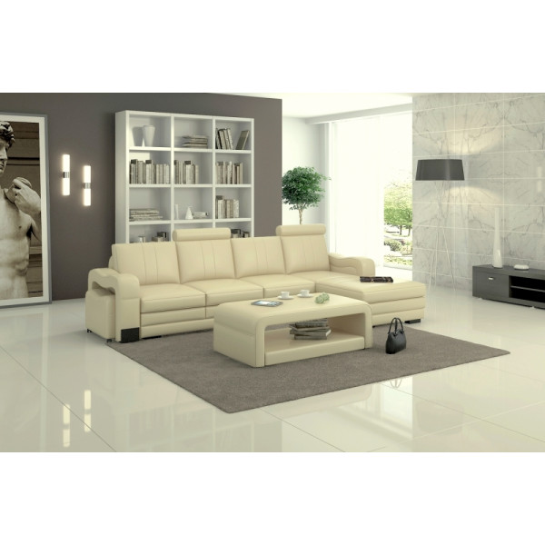 Canapé d'angle en cuir italien 5 places ROMANA, écru