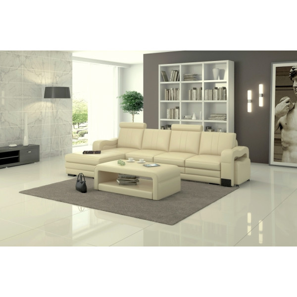 Canapé d'angle en cuir italien 5 places ROMANA, écru