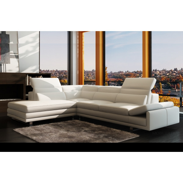 Canapé d'angle en cuir italien 6/7 places IZEN, blanc, version LUXE