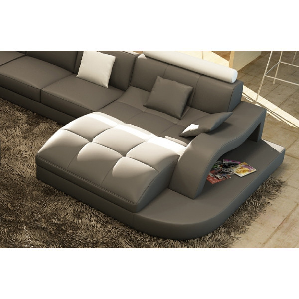 Canapé d'angle en cuir italien 8 places NORDIK, gris foncé et blanc, angle gauche et méridienne à droite