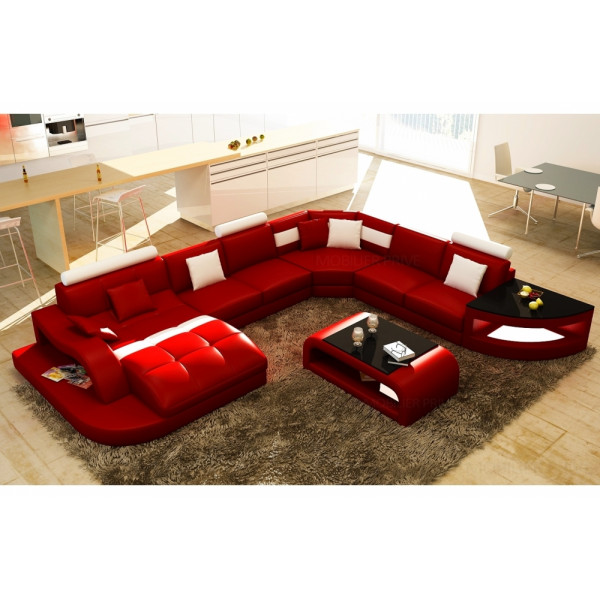 Canapé d'angle en cuir italien 8 places NORDIK, rouge et blanc