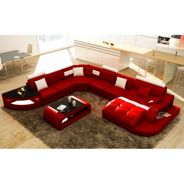 Canapé d'angle en cuir italien 8 places NORDIK, rouge et blanc