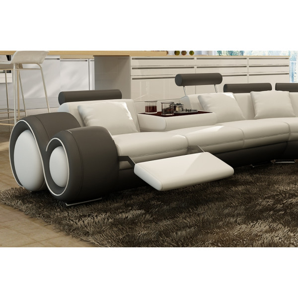 Canapé d'angle en cuir italien 7 places EXCELIA, blanc et gris foncé.