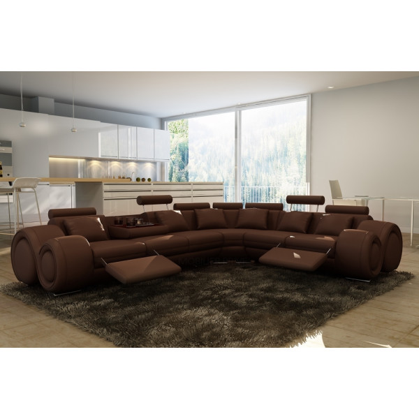 Canapé d'angle en cuir italien 7 places EXCELIA, chocolat.