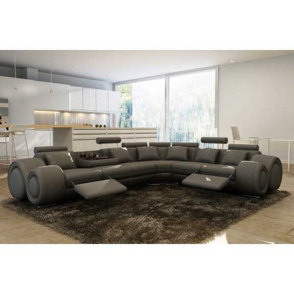 Canapé d'angle en cuir italien 7 places EXCELIA, gris foncé.