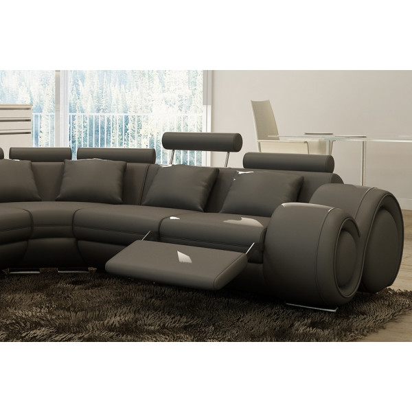 Canapé d'angle en cuir italien 7 places EXCELIA, gris foncé.