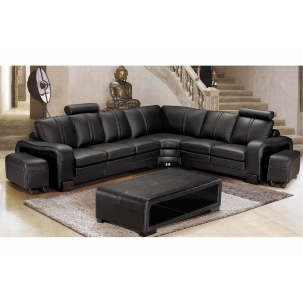Canapé d'angle en cuir italien 7 places EVITA, noir