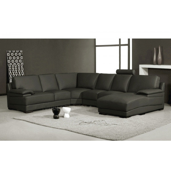 Canapé d'angle en cuir italien 6/7 places MISTER, gris foncé