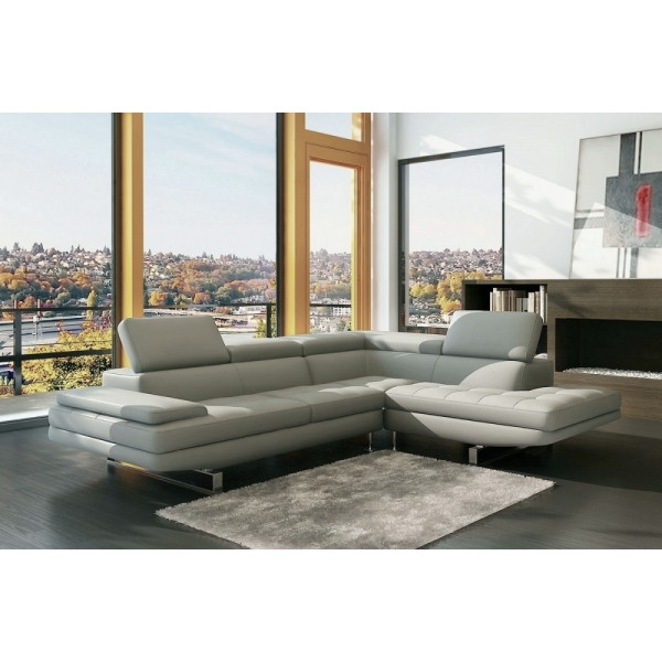 Canapé d'angle en cuir italien 6 places BIRKIN, gris clair.