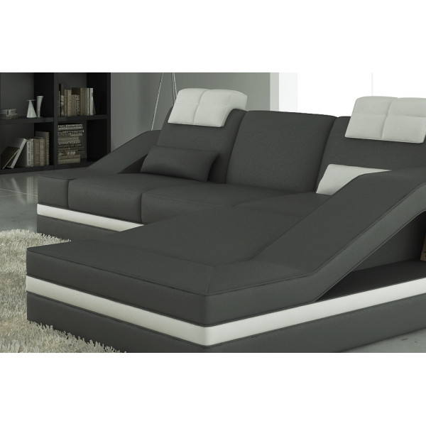 Canapé d'angle en cuir italien 5 places ELVIR, gris foncé et blanc.