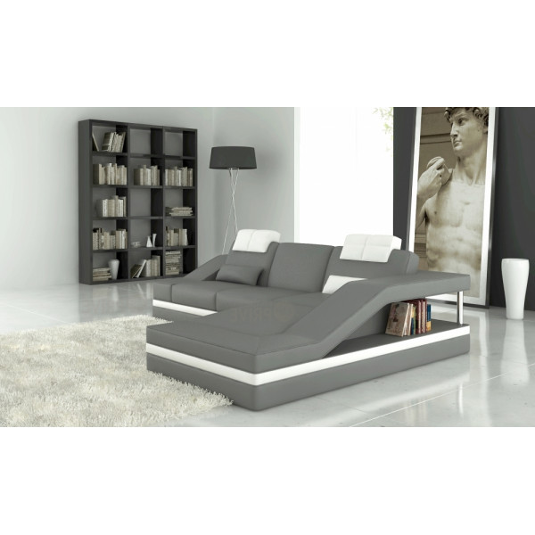 Canapé d'angle en cuir italien 5 places ELVIR, gris clair et blanc.