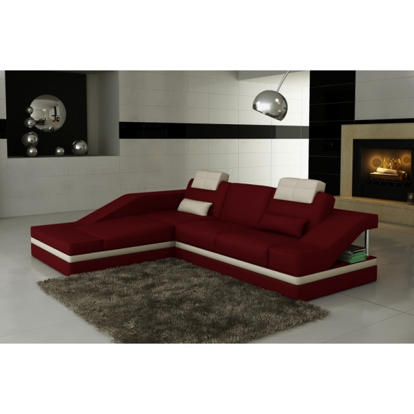 Canapé d'angle en cuir italien 5 places ELVIR, bordeaux et écru