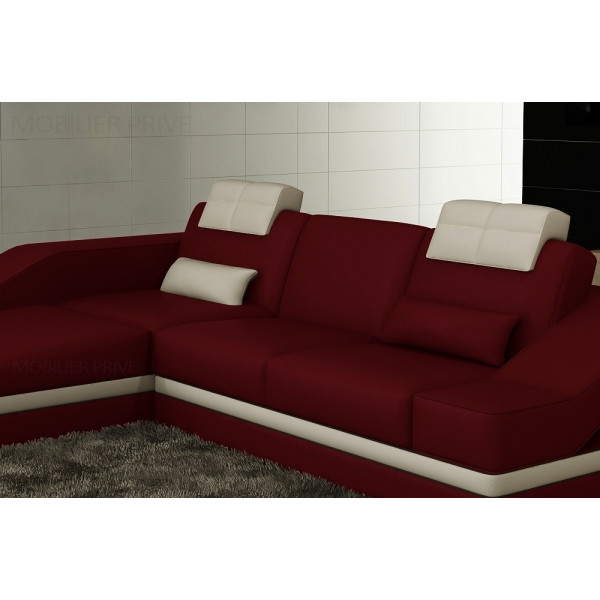 Canapé d'angle en cuir italien 5 places ELVIR, bordeaux et écru