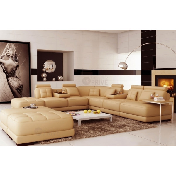 Canapé d'angle en cuir 7/8 places ELIXIR, beige.