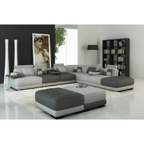 Canapé d'angle en cuir 7/8 places ELIXIR, gris clair et gris foncé