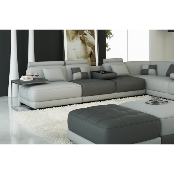 Canapé d'angle en cuir 7/8 places ELIXIR, gris clair et gris foncé