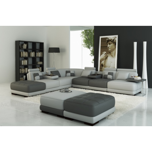 Canapé d'angle en cuir 7/8 places ELIXIR, gris clair et gris foncé