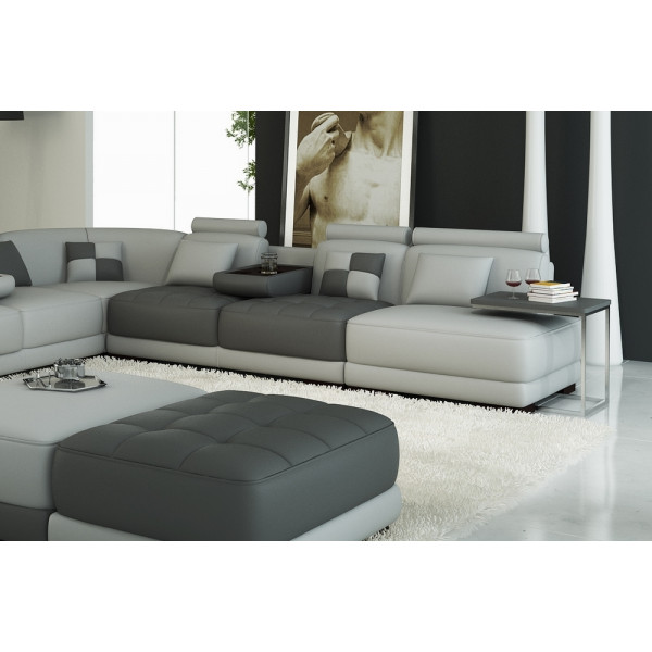 Canapé d'angle en cuir 7/8 places ELIXIR, gris clair et gris foncé