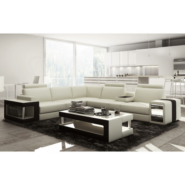 Canapé d'angle en cuir luxe italien 5/6 places XERUS, Cuir Prestige luxe. blanc et noir, angle gauche