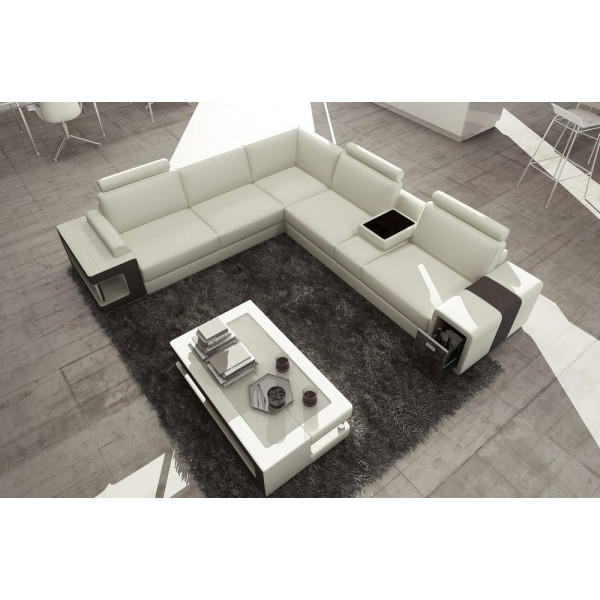 Canapé d'angle en cuir luxe italien 5/6 places XERUS, Cuir Prestige luxe. blanc et noir, angle gauche