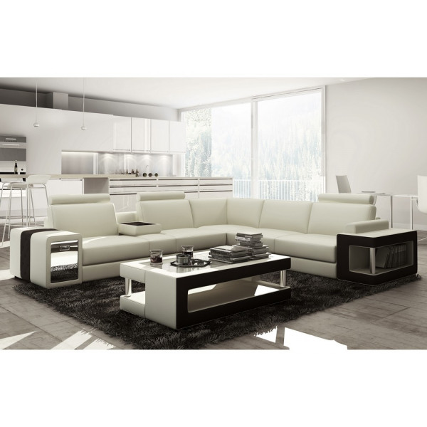 Canapé d'angle en cuir luxe italien 5/6 places XERUS, Cuir Prestige luxe. blanc et noir, angle droit