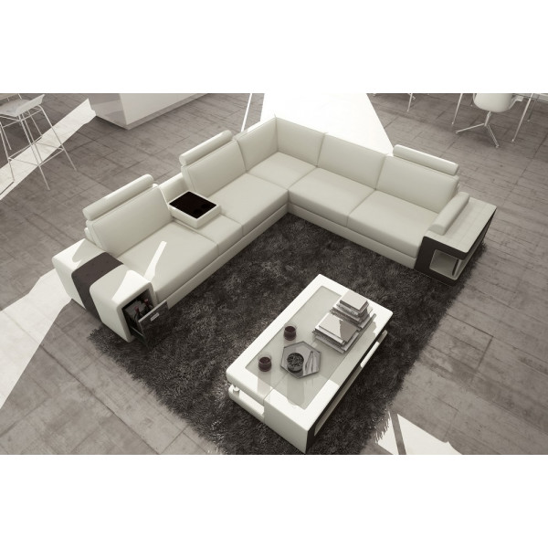 Canapé d'angle en cuir luxe italien 5/6 places XERUS, Cuir Prestige luxe. blanc et noir, angle droit