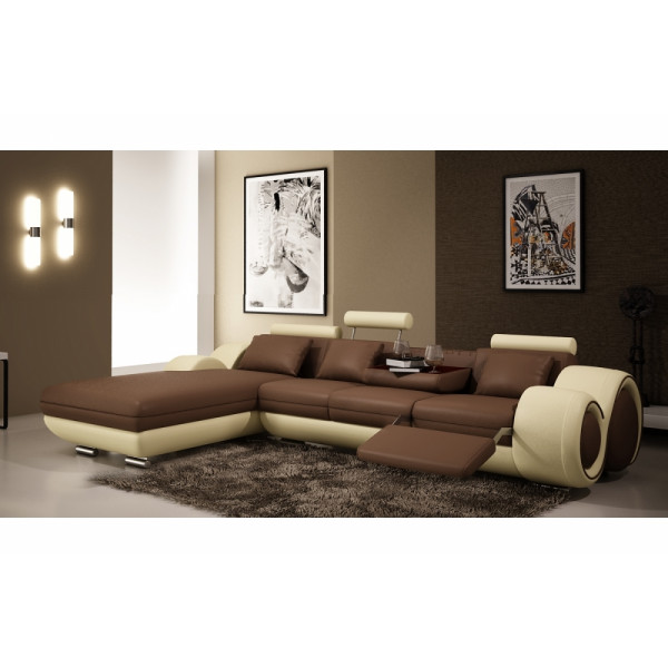 Canapé d'angle en cuir italien 5 places , VERDI, chocolat et écru