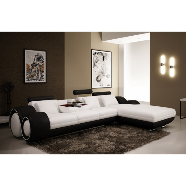 Canapé d'angle en cuir italien 5 places , VERDI, blanc et noir