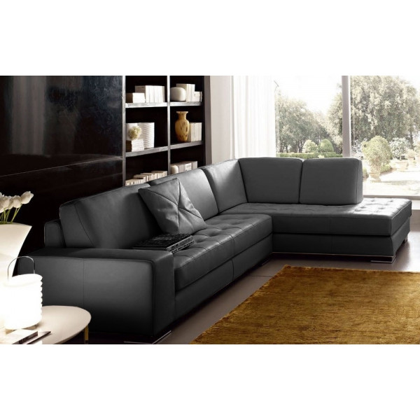 Canapé d'angle DIVANO en cuir italien vachette de qualité, noir, angle droit