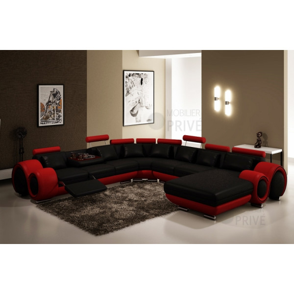 Canapé d'angle en cuir italien 8 places CARLTON, noir et rouge