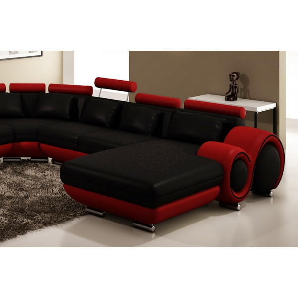 Canapé d'angle en cuir italien 8 places CARLTON, noir et rouge