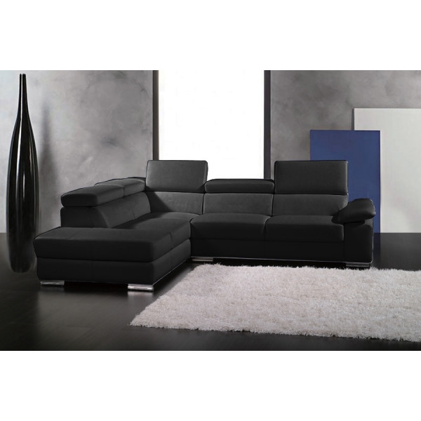 Canapé d'angle en cuir italien 5 places HELIOS, noir