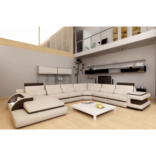 Canapé d'angle en cuir italien 7/8 places BESTOF, ivoir 435 et chocolat