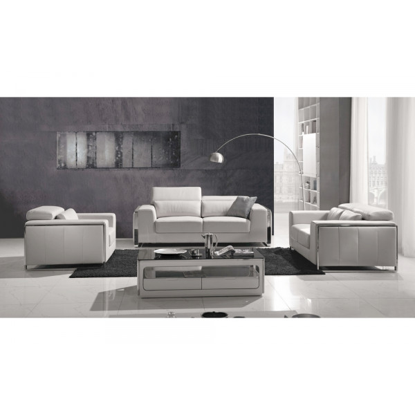 Ensemble Canapé 3 places et 2 places et fauteuil 1 place en cuir italien buffle LUXY, blanc