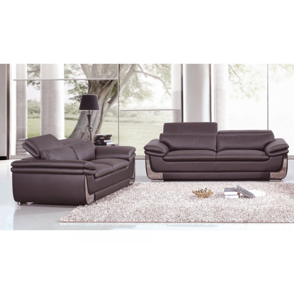 Ensemble Canapé 3 places et 2 places en cuir italien buffle ITALINA, chocolat avec surpiqure blanche